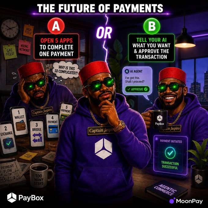 A promotional graphic titled 'THE FUTURE OF PAYMENTS' contrasts 'Option A: Open 5 apps to complete one payment' with 'Option B: Tell your AI what you want & approve the transaction', featuring logos for PayBox and MoonPay.