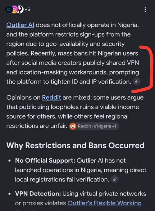 A screenshot of a Perplexity AI response explains that Outlier AI does not officially operate in Nigeria, restricting sign-ups due to geo-availability policies, and that recent mass bans hit Nigerian users after VPN workarounds were publicly shared on social media. The post connects to the image by highlighting how publicly sharing these workarounds on social media led to tighter ID and IP verification, resulting in bans for Nigerian users, and suggests alternative approaches like having UK-based contacts set up accounts.