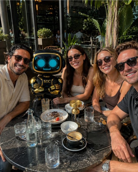 Four people wearing sunglasses sit around a circular marble table at a restaurant alongside a small black and gold robot labeled "SDC," with coffee cups and water glasses on the table.