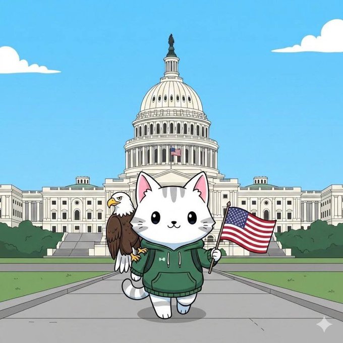 A cartoon cat character wearing a green hoodie stands in front of the U.S. Capitol building, holding a bald eagle and an American flag, symbolizing the "Hypurr" meme coin's arrival in America as suggested by the caption.