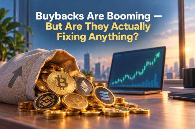 A crypto-themed article thumbnail titled 'Buybacks Are Booming — But Are They Actually Fixing Anything?' featuring a burlap sack overflowing with gold Bitcoin, Ethereum, Binance, and Solana coins next to a laptop displaying a green stock chart.