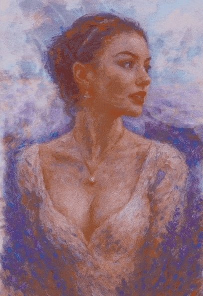 The image features a painting of a woman with long brown hair, wearing a white dress that has been rendered in shades of purple and blue. The artist's signature can be seen at the bottom right corner of the painting. The background appears to be a light blue color, which contrasts nicely with the darker hues of the woman's dress. The painting is displayed on an art gallery wall, making it a focal point for viewers to appreciate its beauty and details.