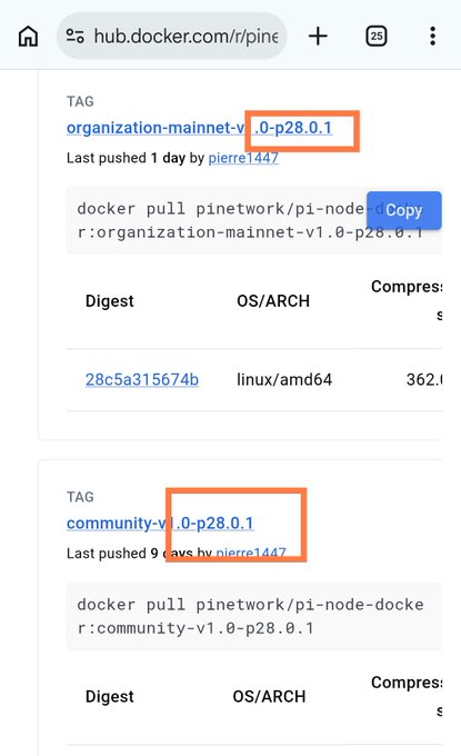 A screenshot of Docker Hub showing two Pi Network containers tagged "organization-mainnet-v1.0-p28.0.1" and "community-v1.0-p28.0.1", pushed by pierre1447, corresponding to the announcement of Pi Node version 28 (p28.0.1) now being available as a Mainnet container on Docker Hub.