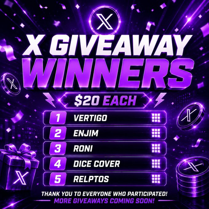 A neon purple 'X GIVEAWAY WINNERS' graphic lists five recipients (Vertigo, Enjim, Roni, Dice Cover, Relptos) each receiving $20, thanking participants.