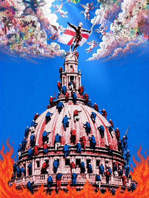 A vibrant pop-art style illustration depicting figures scaling the dome of a capitol building, surrounded by flames and clouds with cherubs and a flag-bearing knight above.