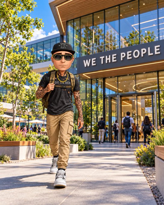 An AI-generated image of a person with a disproportionately large head, wearing a black cap, sunglasses, and tattoos, walking outside a building with the sign "WE THE PEOPLE."