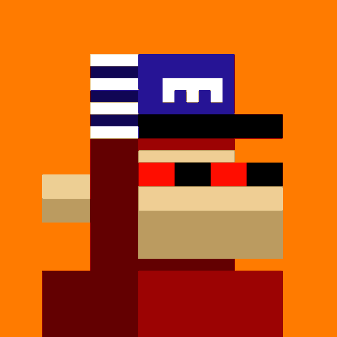 A pixel art illustration featuring a character with a blue cap adorned with a white 'M' against an orange background, with a red, beige, and black checkered pattern below.