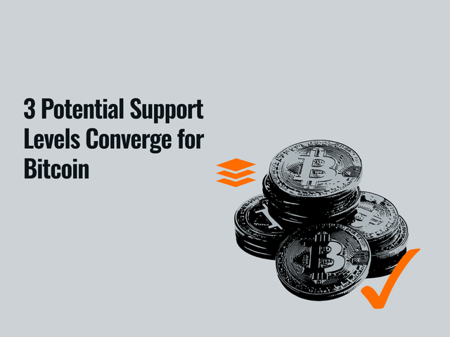 The image features a stack of three coins, with two of them being black and one being silver. Below this image, there's text that reads "3 potential support levels converge for Bitcoin", suggesting that the value of Bitcoin might be influenced by different factors or aspects.