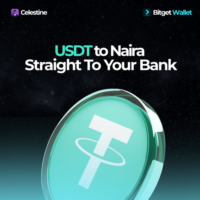 A promotional graphic featuring the Celestine and Bitget Wallet logos at the top, with the headline "USDT to Naira Straight To Your Bank" displayed above a stylized teal USDT (Tether) coin set against a dark starry background, illustrating Bitget Wallet's new direct crypto-to-bank conversion feature for Nigerian users.