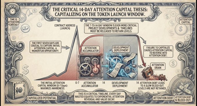 An infographic titled 'THE CRITICAL 14-DAY ATTENTION CAPITAL THESIS: CAPITALIZING ON THE TOKEN LAUNCH WINDOW,' illustrating an attention capital timeline with stages like 'Attention Accumulator' and 'Development Deployment' leading to potential 'Attention Debt.'