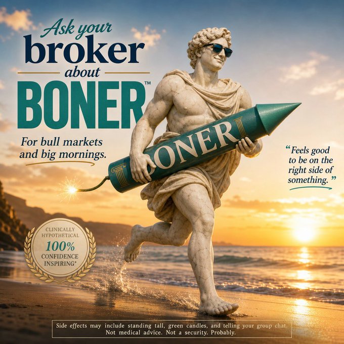 A humorous advertisement parody reading 'Ask your broker about BONER For bull markets and big mornings' featuring a classical statue running with a rocket.