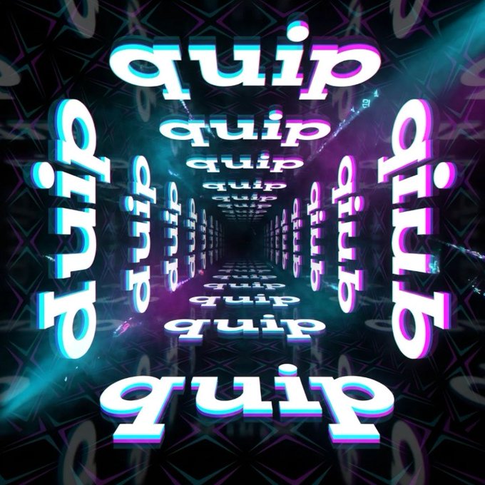 A retro vaporwave-style digital tunnel made of repeating 'quip' logos in glowing white, cyan, and purple text against a dark geometric background.