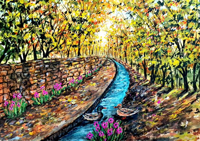 The image features a painting of ducks swimming in a river surrounded by trees, with a stone wall nearby. The watercolor painting has been edited for a more appealing look, making it suitable for sharing on social media platforms like Instagram or Facebook. The post includes text that reads "Gm art lovers My new Drop in @objktcom " and "Beneath the Golden Canopy" which are likely descriptions of the artwork's subject matter and style.