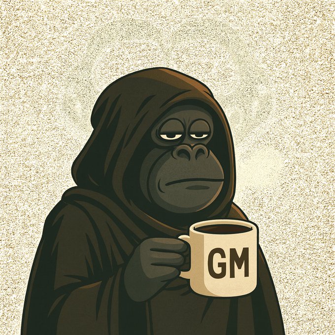 An illustrated cartoon of a hooded gorilla holding a coffee mug labeled 'GM' (Good Morning) with a sleepy expression.