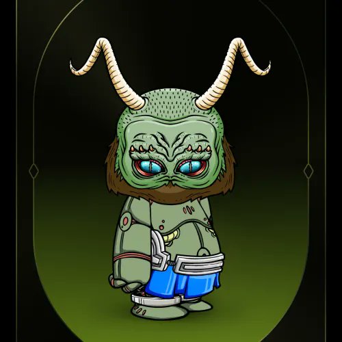 Cartoon illustration of a green, horned creature with blue eyes, a brown beard, and blue shorts, standing against a dark green gradient background in an arched frame.