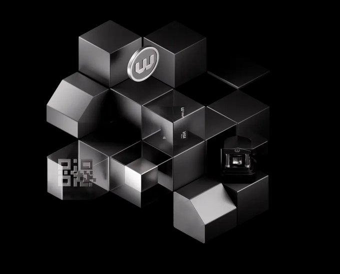 A 3D black and silver rendering featuring geometric cubes with icons of a crown, a phone, a Bitcoin symbol, and a QR code, likely representing digital or crypto assets.