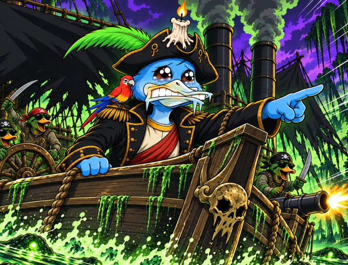 A colorful cartoon illustration of a blue pirate duck captain commanding the crew on a wooden ship with green slime and cannons firing.