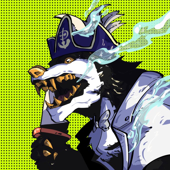 A fierce anthropomorphic shark pirate wearing an admiral-style hat with an anchor emblem bares its jagged fangs amid swirling blue smoke, set against a vibrant green halftone dot background. The intimidating creature visually embodies the "999 FANGS leashed" theme of the sold-out NFT collection, with its bared teeth symbolizing the claimed pieces ready to be revealed.