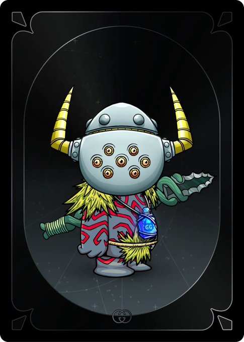 A digital collectible/NFT card depicting a stylized cartoon character dressed as a Viking warrior with a horned helmet, holding a spiked club, wearing a 'GO' bag on its belt.