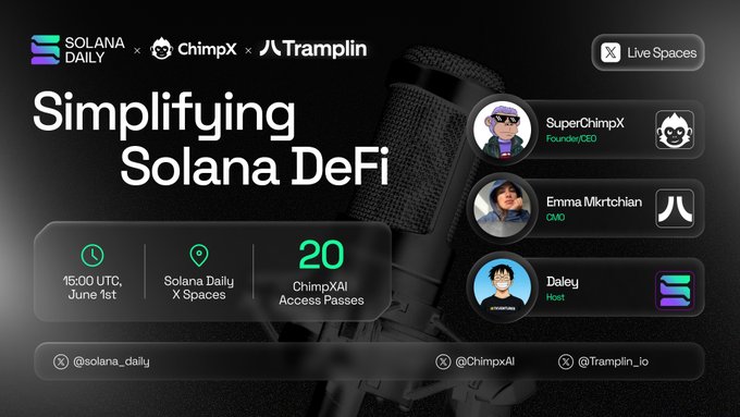 The image features a poster for Solana DeFi that includes a microphone and text about simplifying DeFi. The poster also has a list of speakers who are discussing how to simplify DeFi.