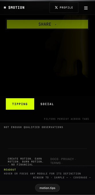 A mobile site for $MOTION showing tabs for 'SHARE', 'TIPPING', and 'SOCIAL', with a note 'NOT ENOUGH QUALIFIED OBSERVATIONS' and a link to motion.tips.