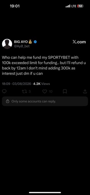 The image shows a tweet from user @Ayo_bet (BIG AYO) asking for someone to fund their SPORTYBET account that has exceeded its 100k funding limit, with a promise to return 300k by 12am as thanks. The accompanying post notes that this is a common scam format that many people fall for, which explains why the account blocked the commenter.