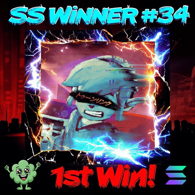 The image features a cartoon character with a green hat and sunglasses, who appears to be a winner of an online contest. The character has won 1st place and is being celebrated by a green character wearing a crown. The background of the image shows a city skyline at night, which adds to the overall theme of the post.
