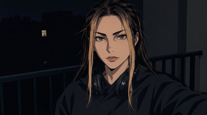 An anime-style illustration of a young woman with dark hair and blonde streaks, wearing a black hoodie and headphones around her neck, looking seriously at the viewer against a dark urban backdrop with a lit window.