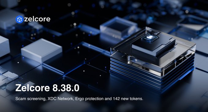 A promotional graphic for 'zelcore' displays 'Zelcore 8.38.0' with the features 'Scam screening, XDC Network, Ergo protection and 142 new tokens' against a blue metallic 3D background.