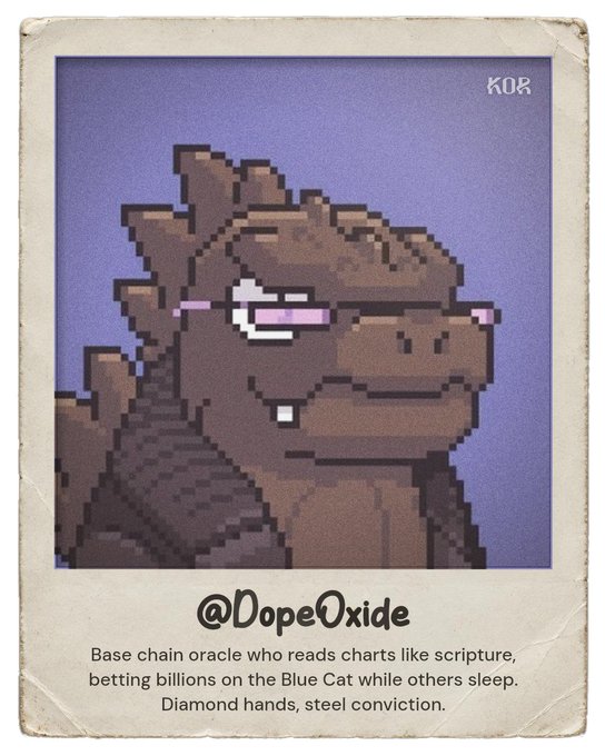 A polaroid-style trading card featuring pixel art of a purple-tinted Godzilla-like creature, signed '@DopeOxide' with text describing a 'Base chain oracle who reads charts like scripture, betting billions on the Blue Cat while others sleep. Diamond hands, steel conviction.'