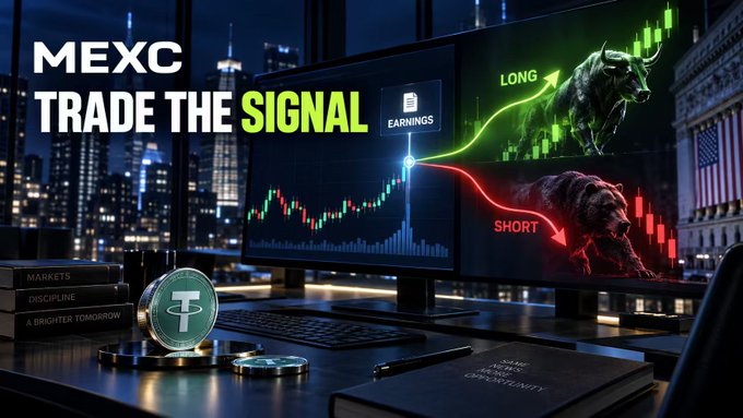 A promotional banner for "MEXC - Trade the Signal" showing a trading monitor with bull/bear market graphics (Long/Short), a Tether (USDT) coin, and books titled "Markets Discipline: A Brighter Tomorrow" and "The New Reality of Opportunity".