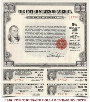 A collection of 1976 US Treasury $5,000 notes (Series F, featuring Presidents like Fillmore, Hayes, Garfield, Arthur, Cleveland, and Harrison), each bearing a red seal and serial number 17710. The image highlights U.S. government debt instruments, contrasting the modest 8% interest rate from Treasury notes with the dramatic growth potential of alternative investments like Bitcoin mentioned in the post.