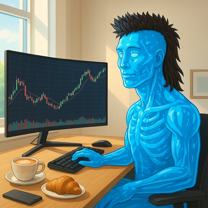 Digital artwork of a blue-skinned humanoid figure with a mohawk hairstyle sitting at a desk, analyzing a stock chart on a monitor alongside a coffee and croissant.