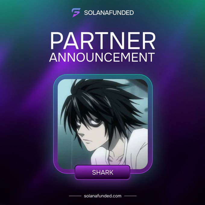 The image features a square frame with a photo of a character from "SolitanoFunded". The text in the image announces that a partner has been confirmed, which appears to be related to an anime. The poster also includes information about a partnership between SolanaFunded and @solanafunded, a popular prop trading platform. There is also information provided for those interested in trading props through this platform.