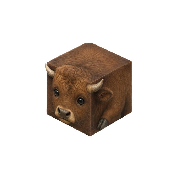 A cute cartoon baby bison/yak character creatively merged into a wooden cube shape on a white background.