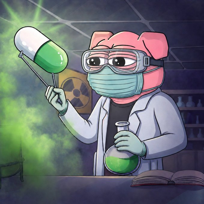 A cartoon pig wearing goggles, a face mask, and a lab coat holds up a giant green-and-white pill in one hand and a flask of glowing green liquid in the other, surrounded by green smoke in a dark lab. The image ties to the "Pige" $PIGE meme coin by portraying the mascot as a chaotic scientist "cooking up" something, matching the speculative, experimental vibe of the token launch.