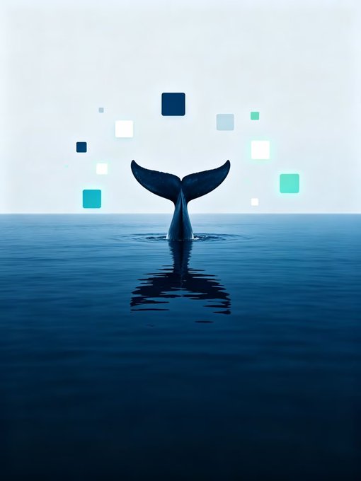 A digital artwork of a whale's tail emerging from calm blue water, surrounded by floating glowing squares in various shades of blue and white.