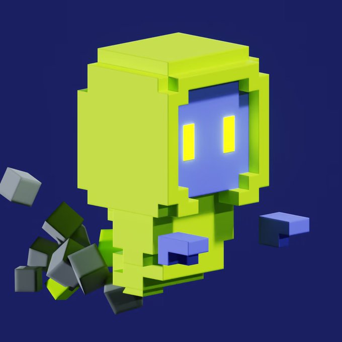 A 3D voxel-style yellow character with blue face panels stands against a dark blue background, surrounded by scattered green, gray, and blue cubes.