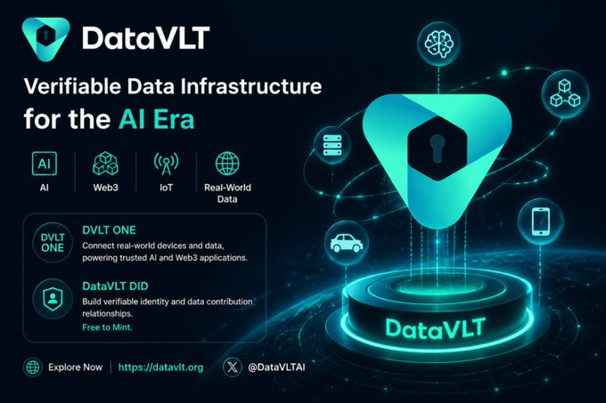 A promotional graphic for 'DataVLT' advertising 'Verifiable Data Infrastructure for the AI Era' featuring icons for AI, Web3, IoT, and Real-World Data.