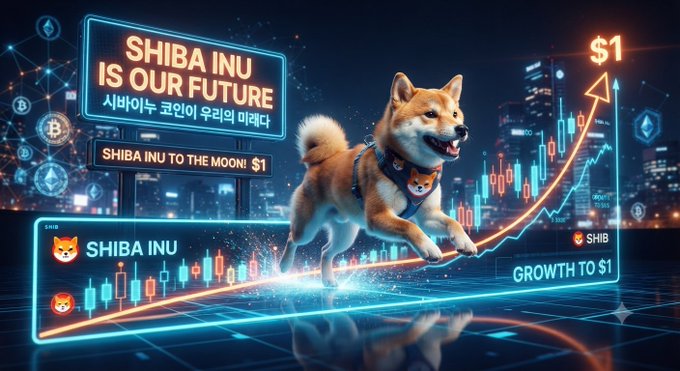 A digital graphic features a running Shiba Inu dog with text reading 'SHIBA INU IS OUR FUTURE' and 'SHIBA INU TO THE MOON! $1', set against a backdrop of stock charts and cryptocurrency symbols.