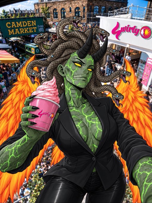 A digital illustration of a green-skinned, Medusa-like female figure with snake hair, horns, and orange flame wings, wearing a black suit and holding a pink Swirly drink cup at Camden Market.