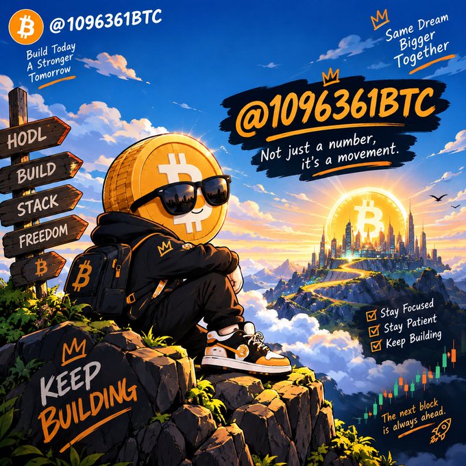 A Bitcoin-themed motivational graphic featuring an anthropomorphic Bitcoin coin character wearing sunglasses and a backpack, sitting on a cliff overlooking a cityscape with text including "@1096361BTC", "KEEP BUILDING", "HODL BUILD STACK FREEDOM", and "Stay Focused, Stay Patient, Keep Building".