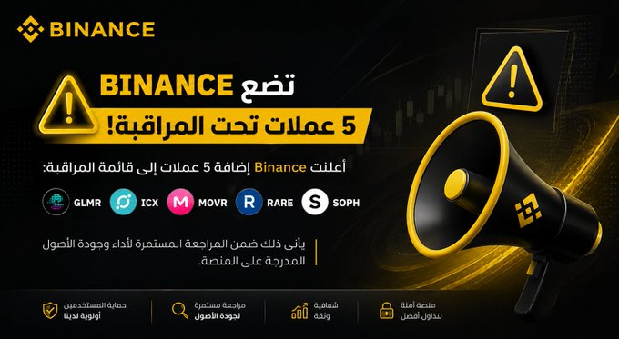 An Arabic-language Binance promotional graphic announcing the addition of 5 coins to its watchlist (GLMR, ICX, MOVR, RARE, SOPH), warning users of high-risk monitoring with a megaphone icon.