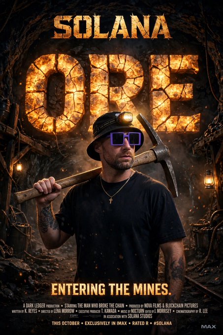 The image is a movie-style poster featuring a man in a bucket hat, sunglasses, and a headlamp holding a pickaxe over his shoulder, standing in a dark mine tunnel with glowing lanterns. Bold fiery text reads "SOLANA ORE" at the top, with "ENTERING THE MINES" below, and credits mention "NOVA FILMS & BLOCKCHAIN PICTURES," "SOLANA STUDIOS," and a release date of "THIS OCTOBER • EXCLUSIVELY IN IMAX • RATED R" with the hashtag #SOLANA. The poster playfully ties into the post about entering the @ORE mines, promoting the Solana blockchain-based project as a cinematic mining adventure.