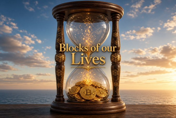 An hourglass filled with gold coins featuring the Bitcoin 'B' logo and glowing geometric patterns, set against a sunset ocean backdrop, with the title 'Blocks of our Lives'.
