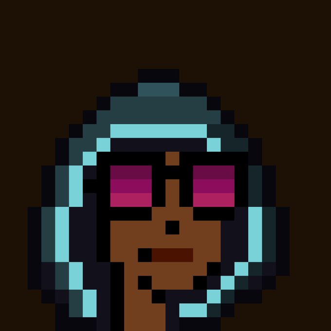A pixel art NFT character portrait featuring a figure with dark skin, cyan/teal hair, and magenta/pink sunglasses on a dark background.