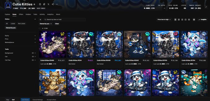 An NFT marketplace interface showing a grid of digital collectibles titled 'Cutie Kitties' featuring various pixel-art cat characters with different price tags.