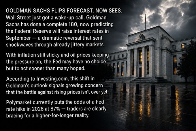 A news graphic showing the Federal Reserve building under stormy skies with text about Goldman Sachs flipping their forecast to predict a Fed rate hike in September, with Polymarket odds at 87%.
