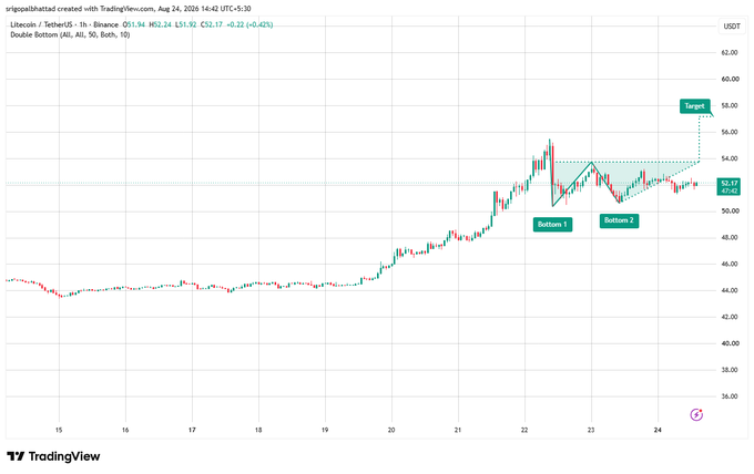 A TradingView candlestick chart for Litecoin (LTC) on Binance showing a 'Double Bottom' pattern with annotated 'Bottom 1', 'Bottom 2', and a target price around $58-60 USDT.