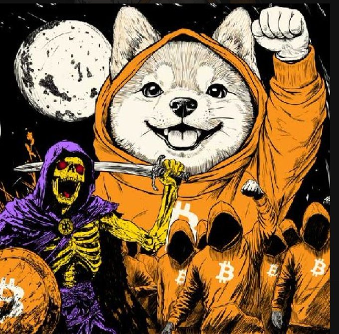 An illustrated meme featuring a Shiba Inu (DOGE) in an orange hoodie triumphantly raising a fist with a sword, set against a night sky with a full moon, accompanied by a purple-robed grim reaper skeleton holding a Bitcoin coin and hooded figures wearing orange robes with the Bitcoin logo.
